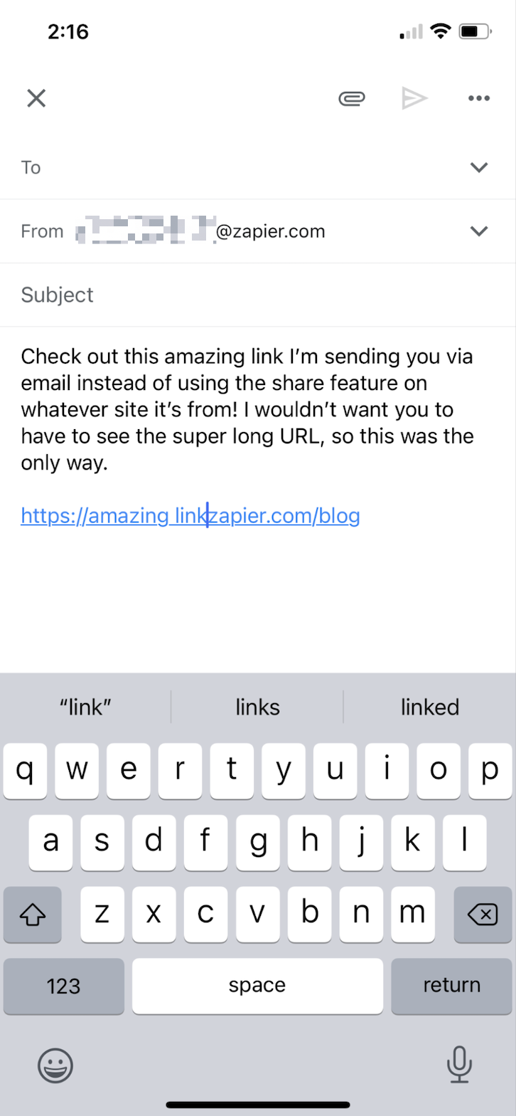 Text added within a hyperlinked URL in a message draft in the Gmail mobile app.