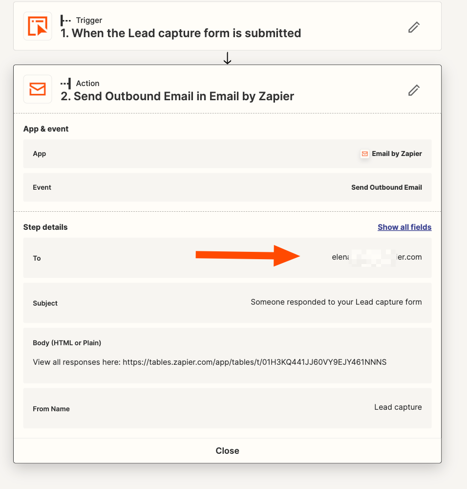 Screenshot of Zap email address field