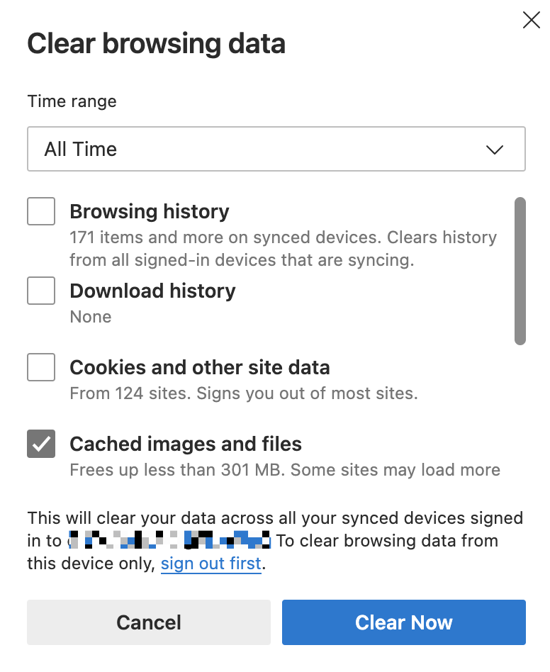 Clear browsing data pop-up window from a Microsoft Edge browser. 