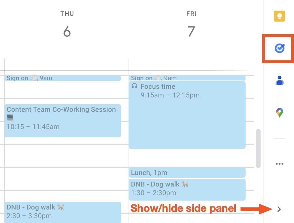 Google Tasks icon in the expanded side panel of Google Calendar.