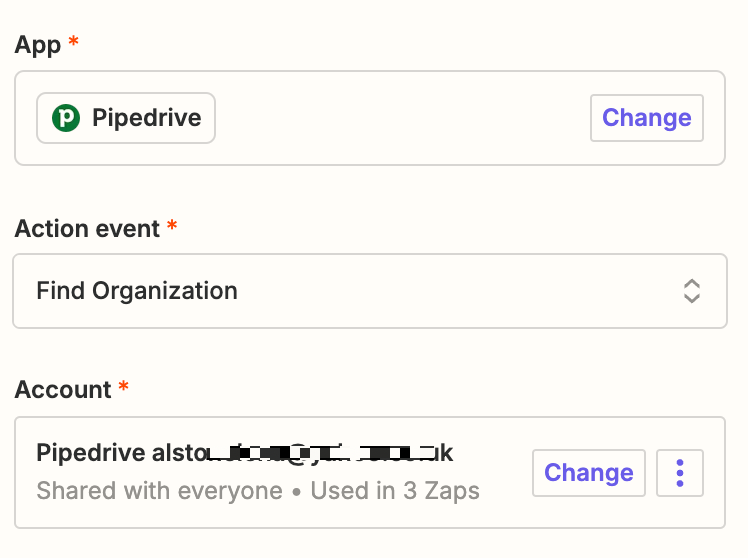 Screenshot of Zap step with Pipedrive