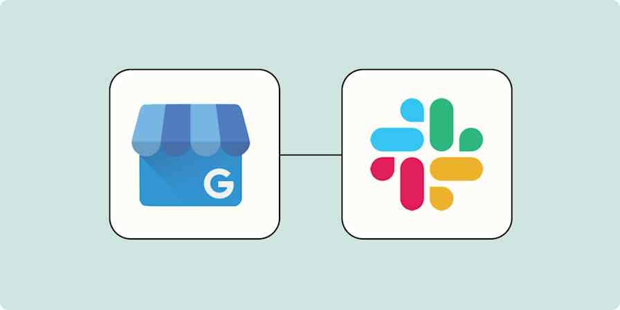 A hero image of the Google My Business app logo connected to the Slack app logo on a light blue background.