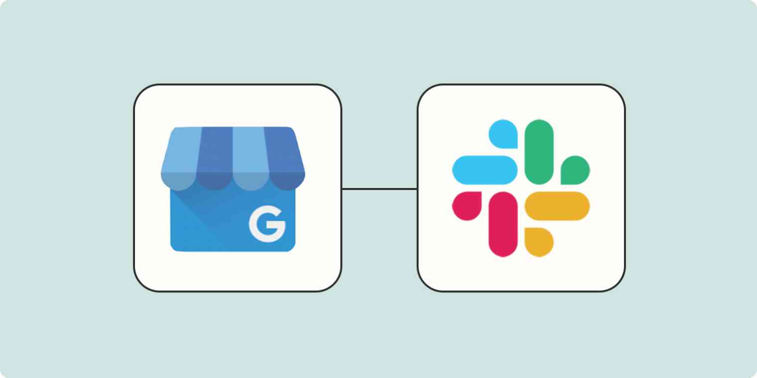 A hero image of the Google My Business app logo connected to the Slack app logo on a light blue background.
