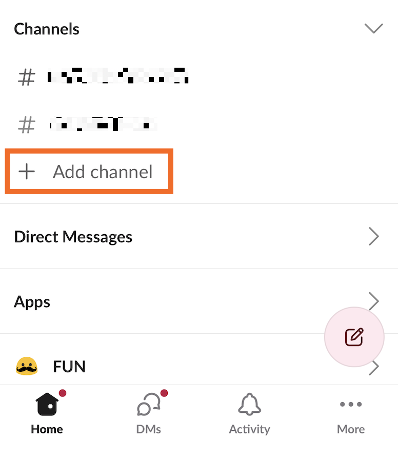 How to add a new Slack channel in the mobile app. 
