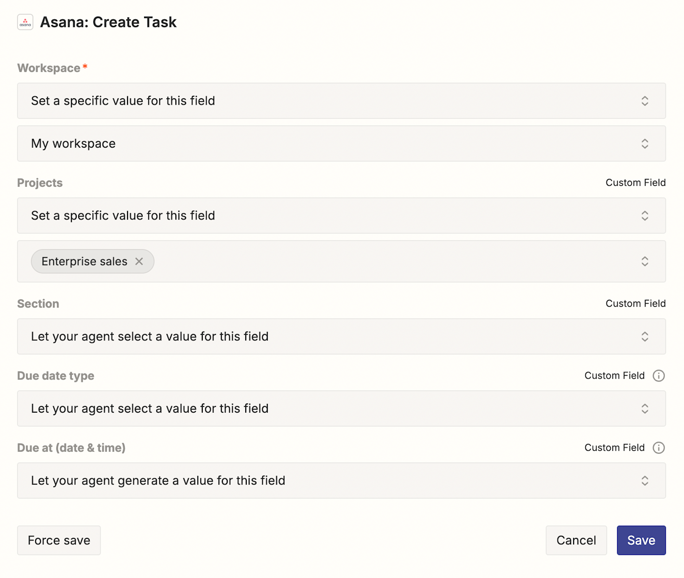 Screenshot of Asana fields being mapped
