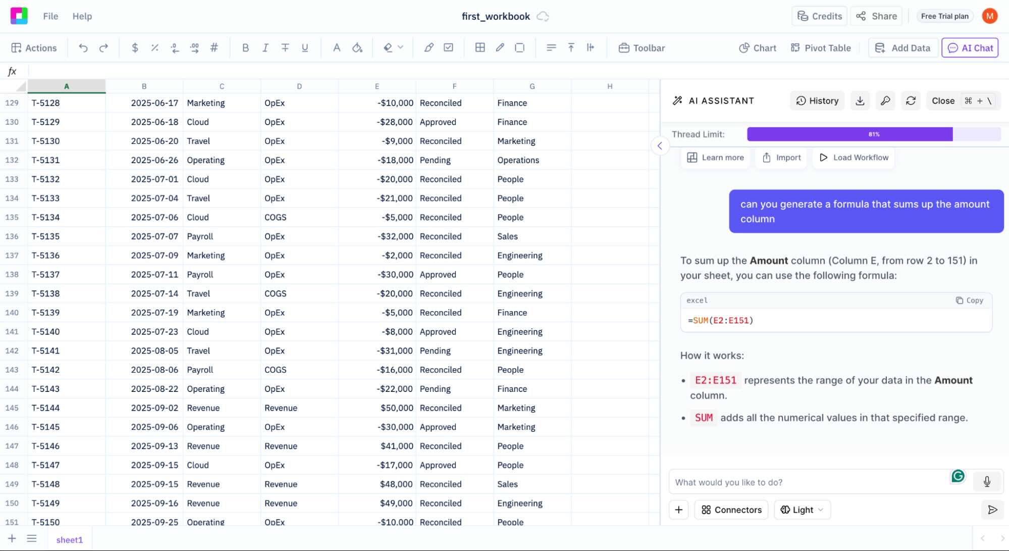 Sourcetable, our pick for the best spreadsheet software for AI features