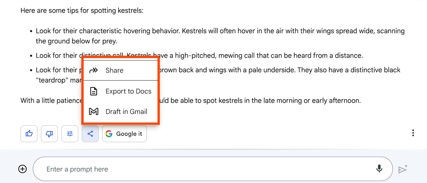 خيار تصدير مخرجات الشاعر إلى gmail أو مستندات Google