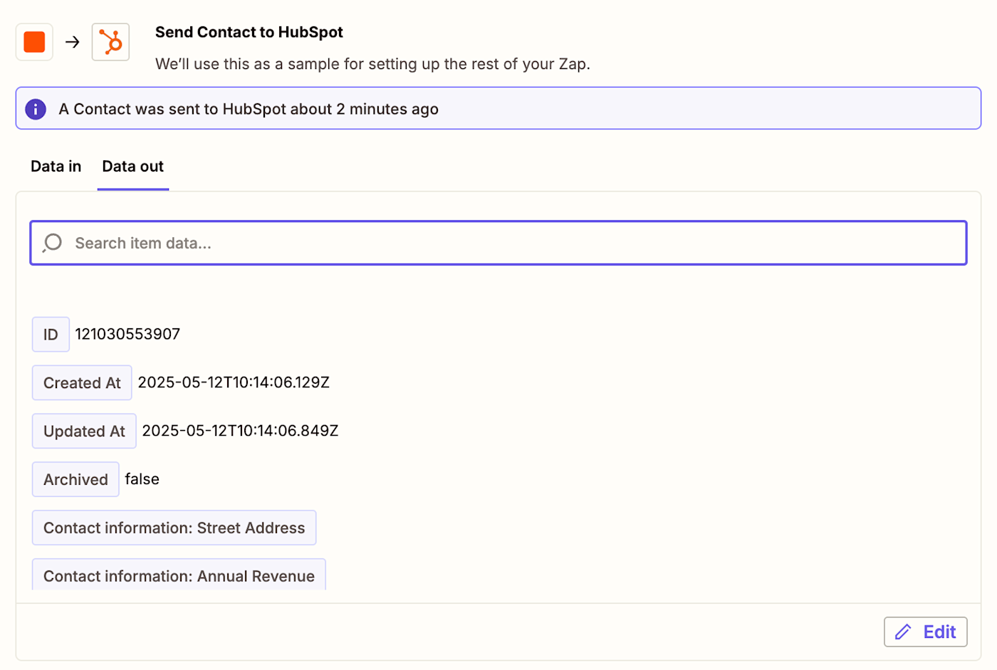 Screenshot of Sample test data