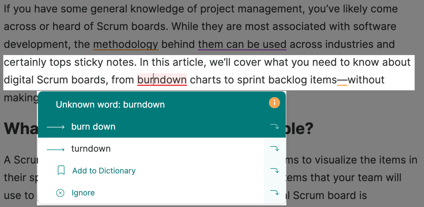 ProWritingAid underlines burndown as misspelled
