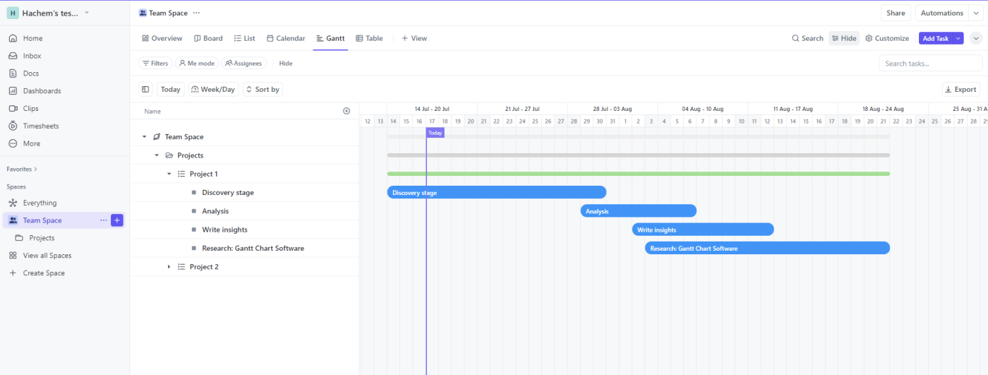 Screenshot displaying ClickUp's Gantt functionality 