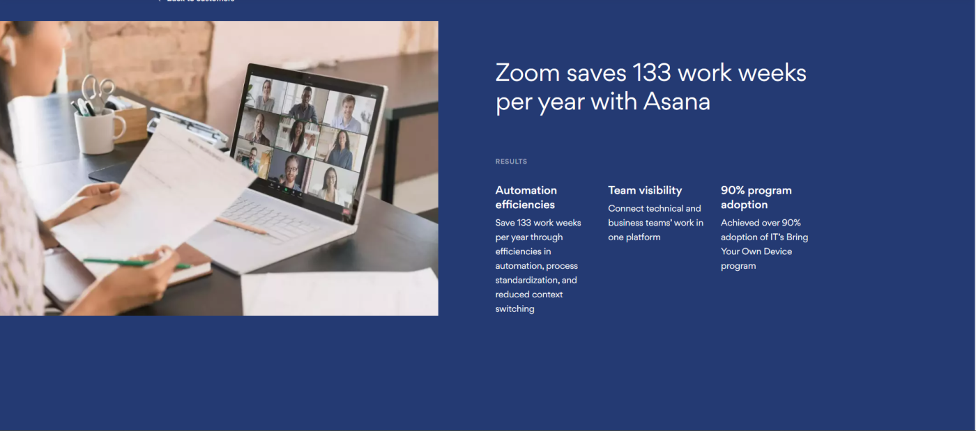 Screenshot of Zoom and Asana's case study on a navy blue background and an image of someone sitting on a Zoom call at a desk with the title "Zoom saves 133 work weeks per year with Asana"