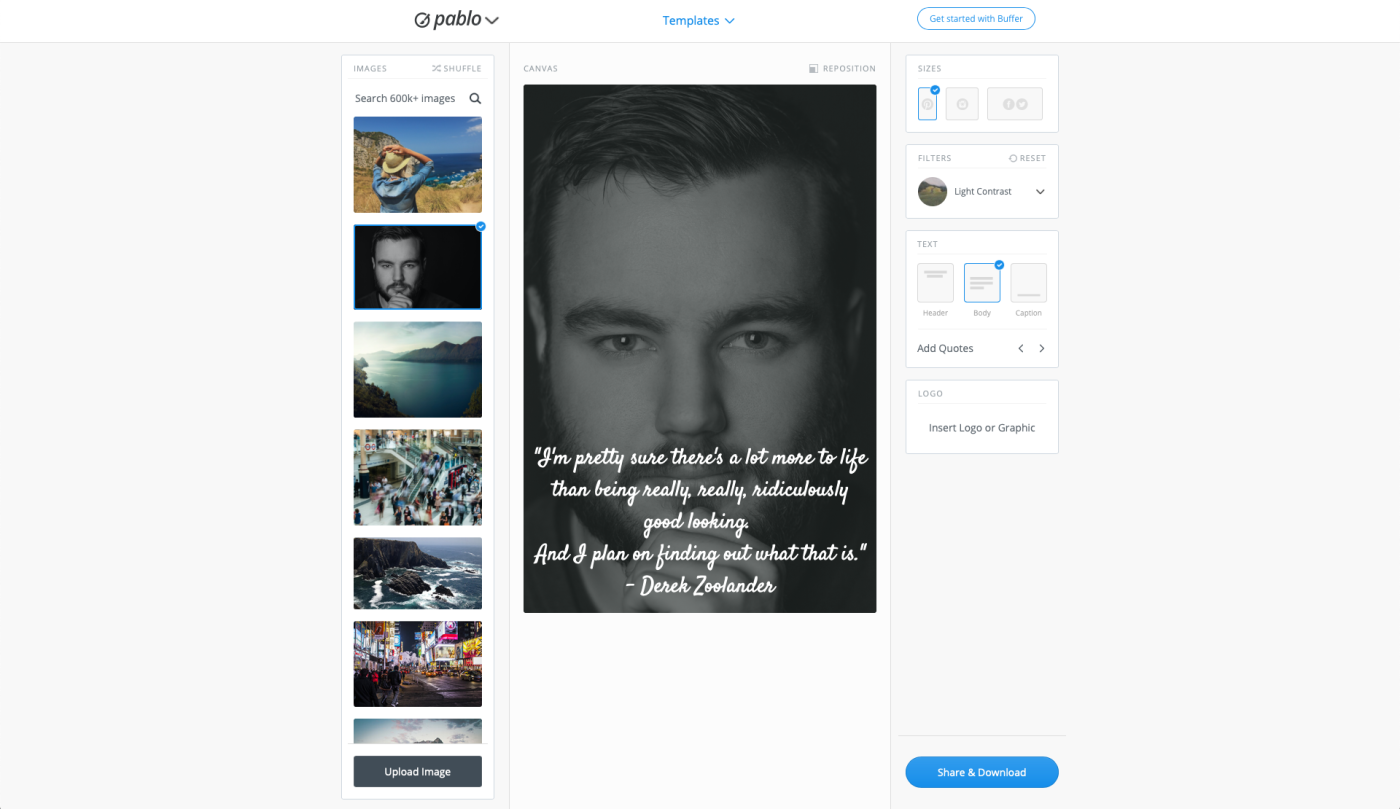 A screenshot of Pablo by Buffer, our pick for the best free social media design tool for quickly making images to share on social media
