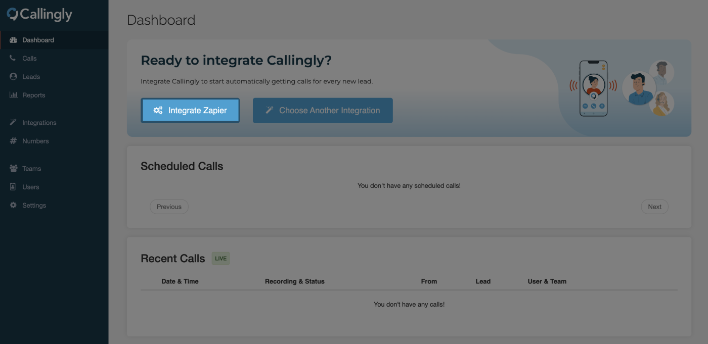 A screenshot of an "Integrate Zapier" callout in the Callingly platform.