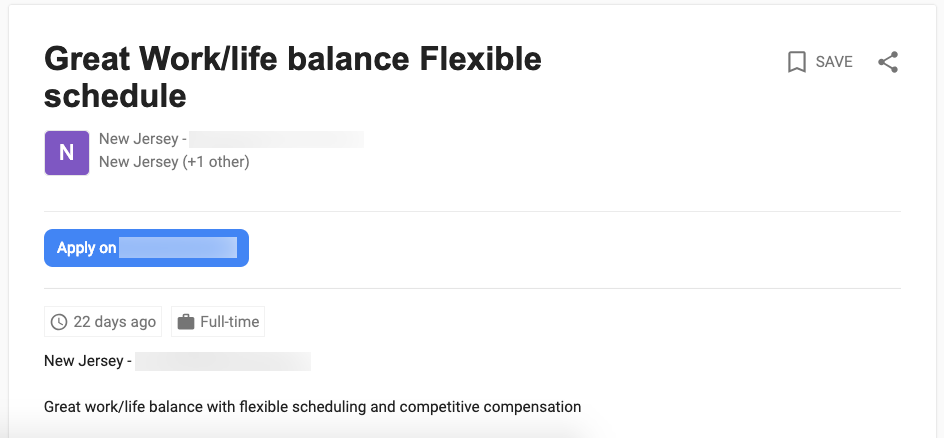 Job posting showing work-life balance as a perk