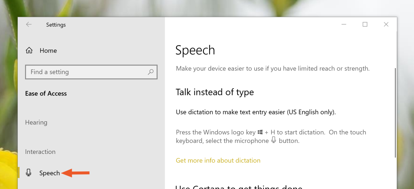 Speech settings in Windows 10
