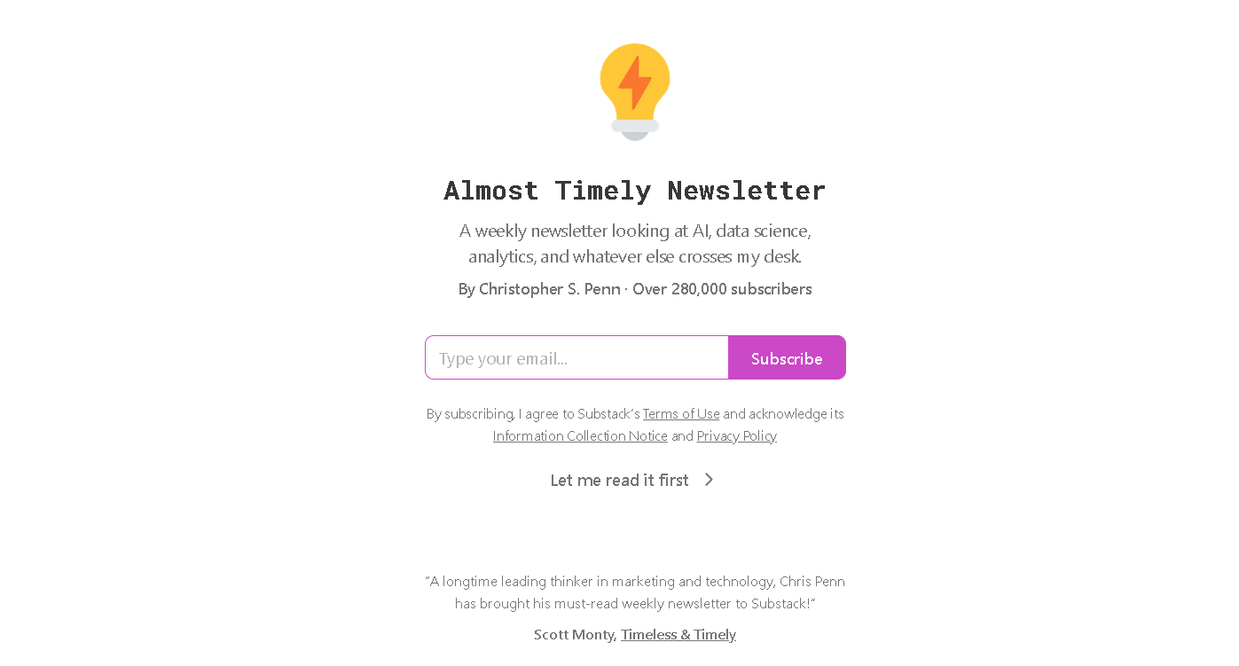 Almost Timely, our pick for the best AI newsletter for AI marketing analytics and thoughtful commentary