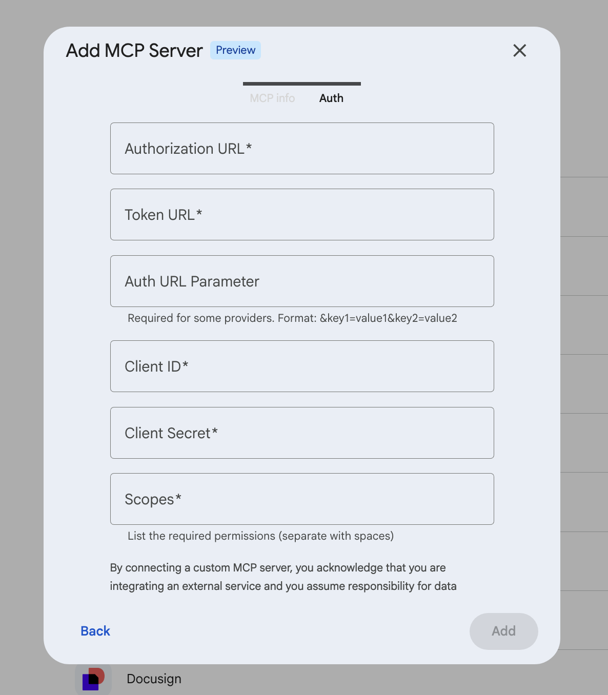 Adding the other authorization details for a custom MCP server in Gemini Enterprise