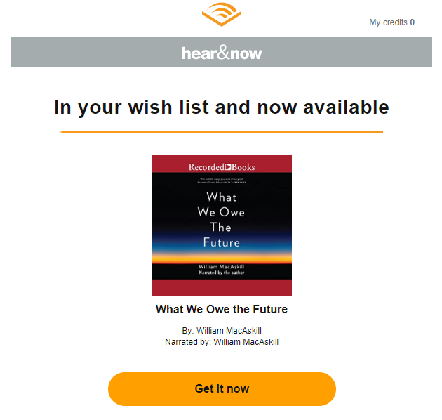 Screenshot of Audible sending the writer an email letting them know a book on their wishlist is available