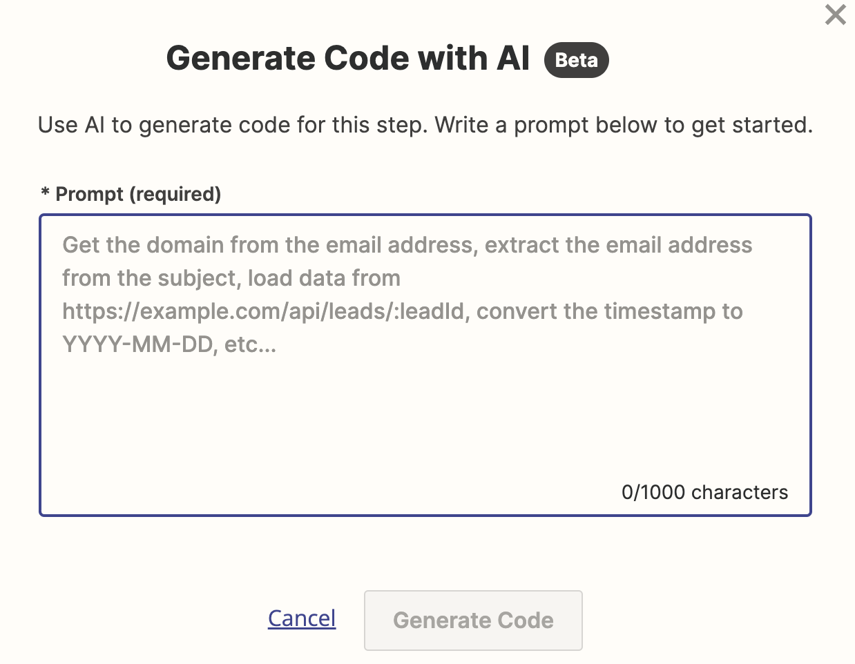 Screenshot of AI code generator in trigger step