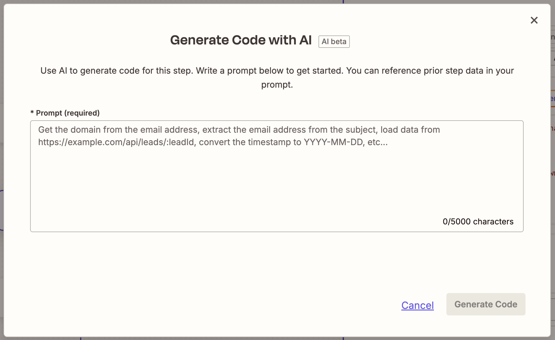 Screenshot of AI code generator in trigger step