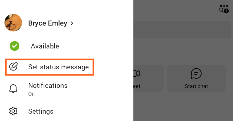 Screenshot of Teams 365 mobile profile icon menu with Set status message highlighted.
