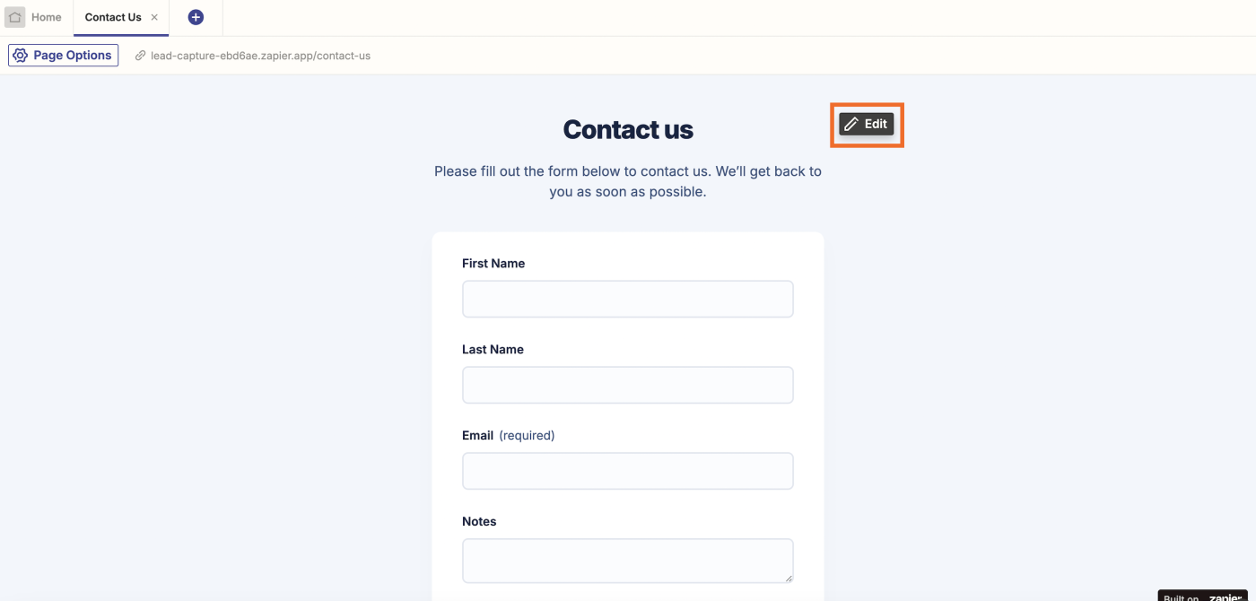 Screenshot of contact us page in backend