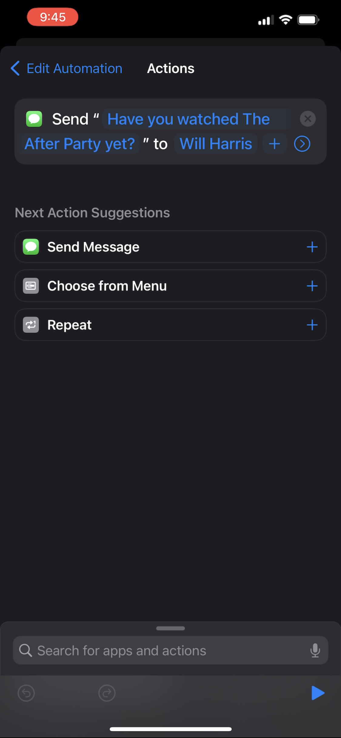 Screenshot of the action step for sending an automated message on iPhone.