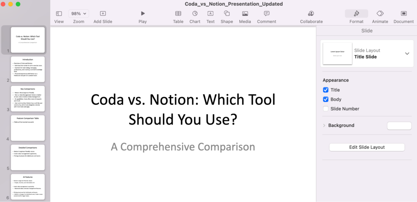 The resulting presentation, which is all text but separated into slides