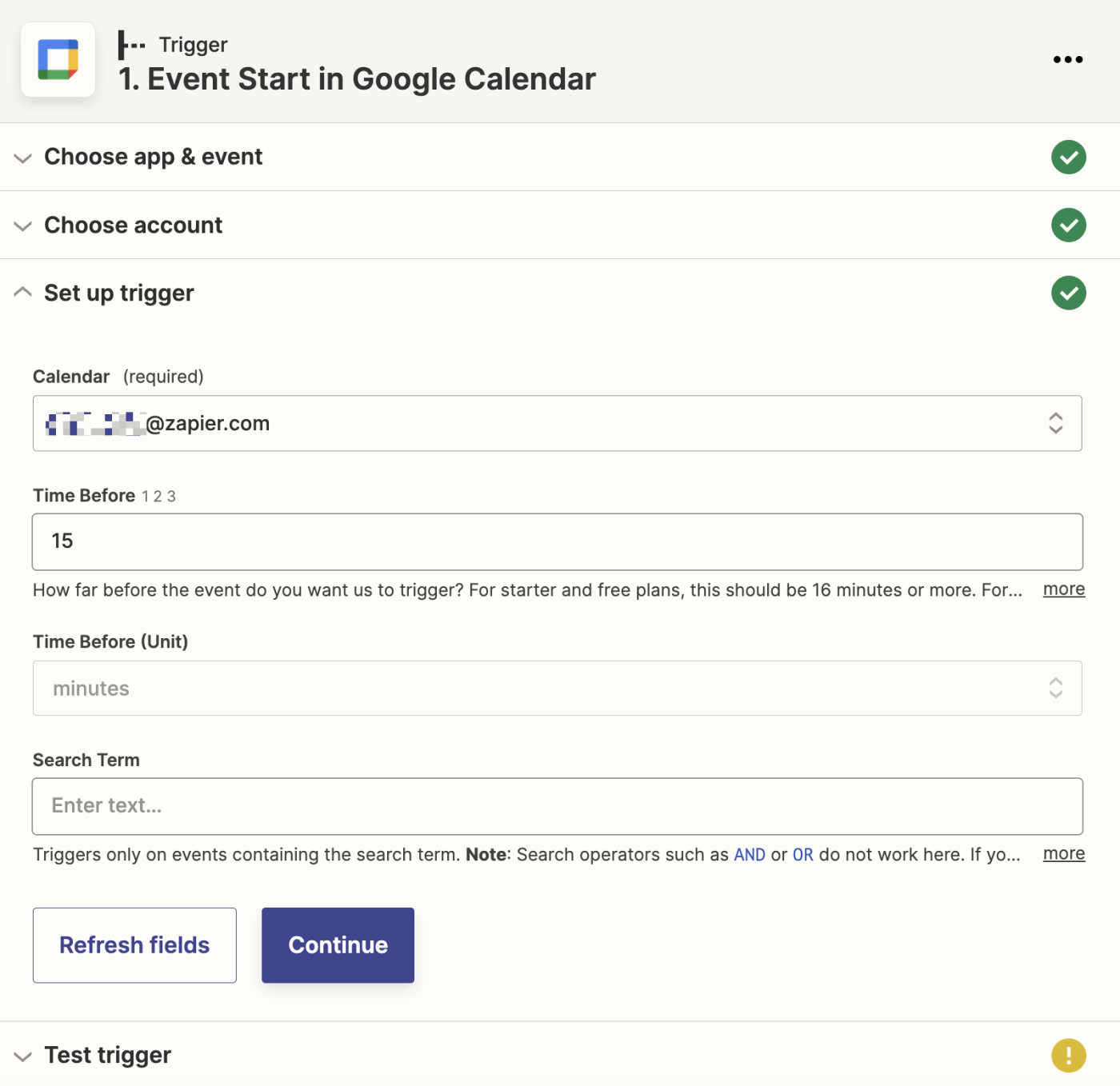 Trigger fields filled out for Google Calendar with a Google Calendar account selected in the Google Calendar account field.