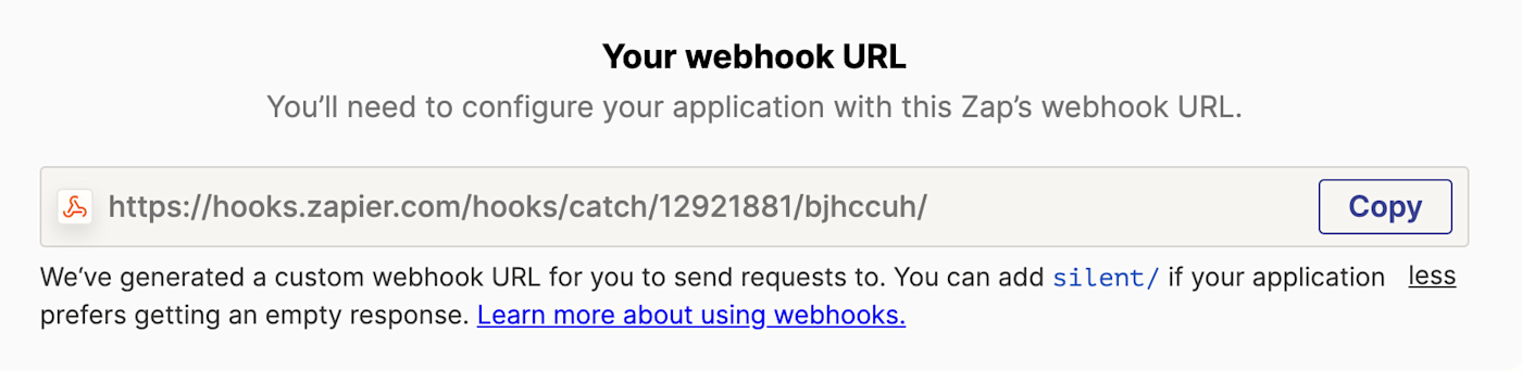 A screenshot of your Zap's webhook URL in the Zapier editor.