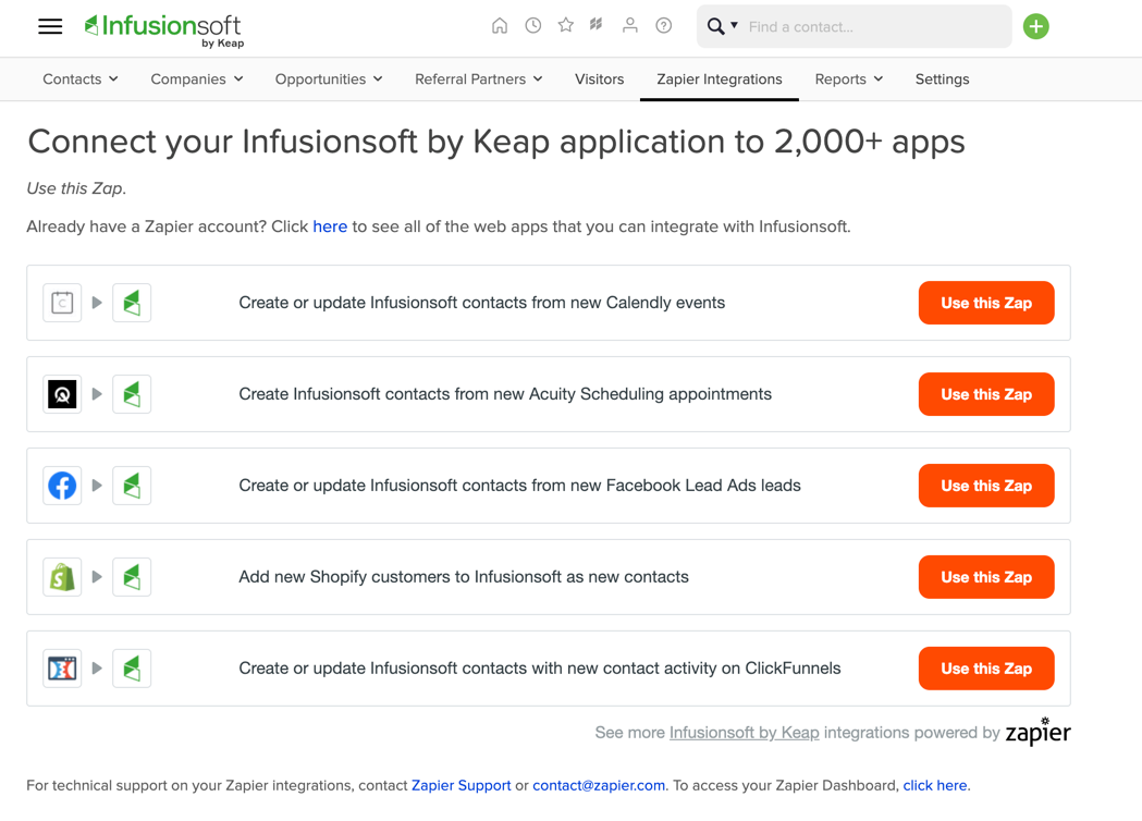 Five most popular Zap templates in Infusionsoft integrations panel