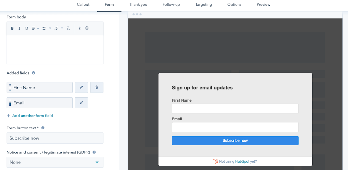 HubSpot Form Builder pop-up forms