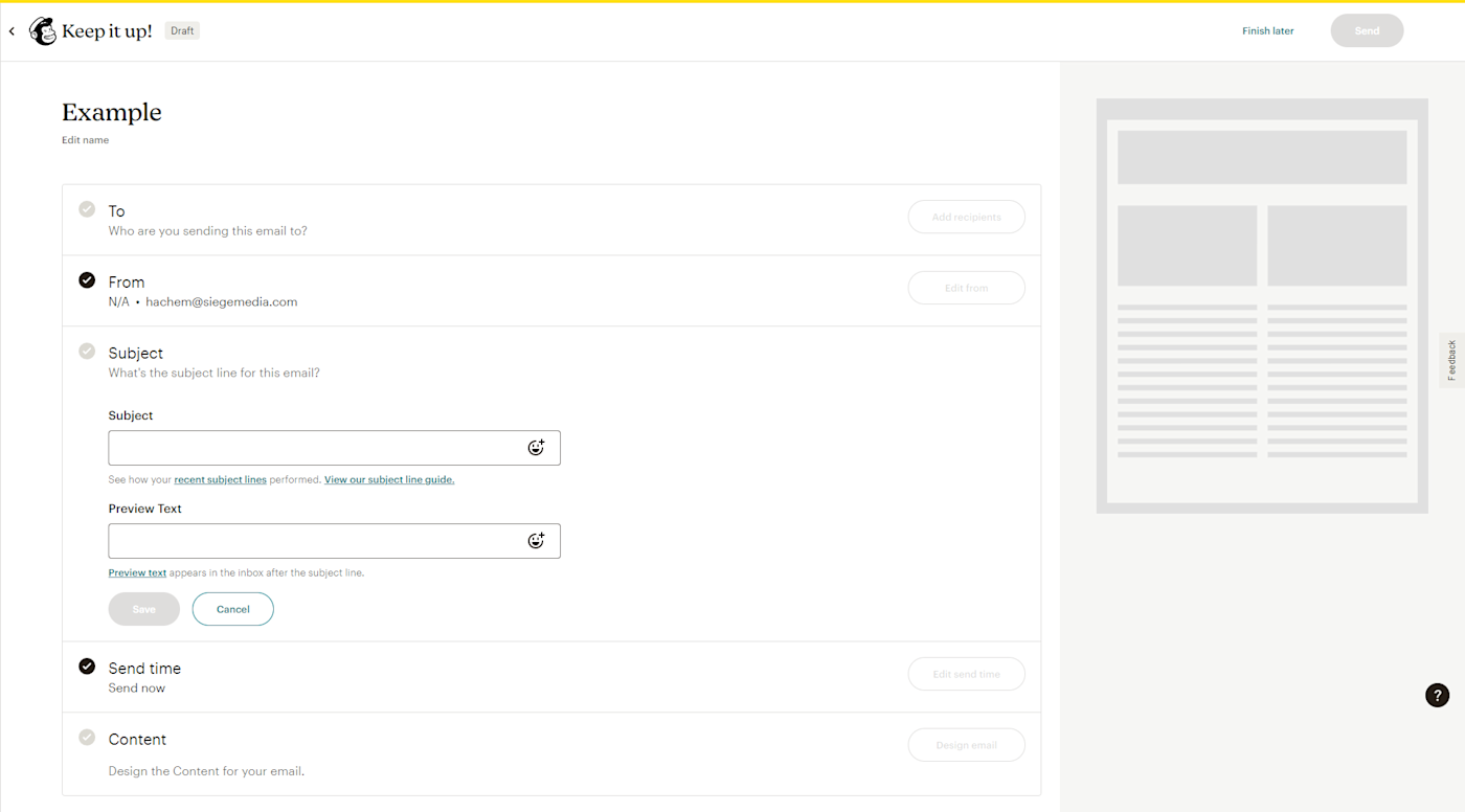 Screenshot depicting how to change the subject line for a newsletter on Mailchimp