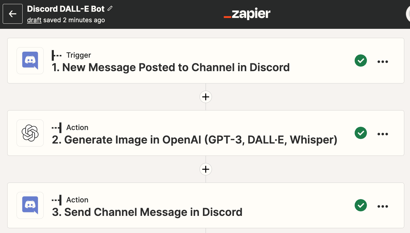 A 3-step Zap in the Zap editor with Discord and OpenAI steps.