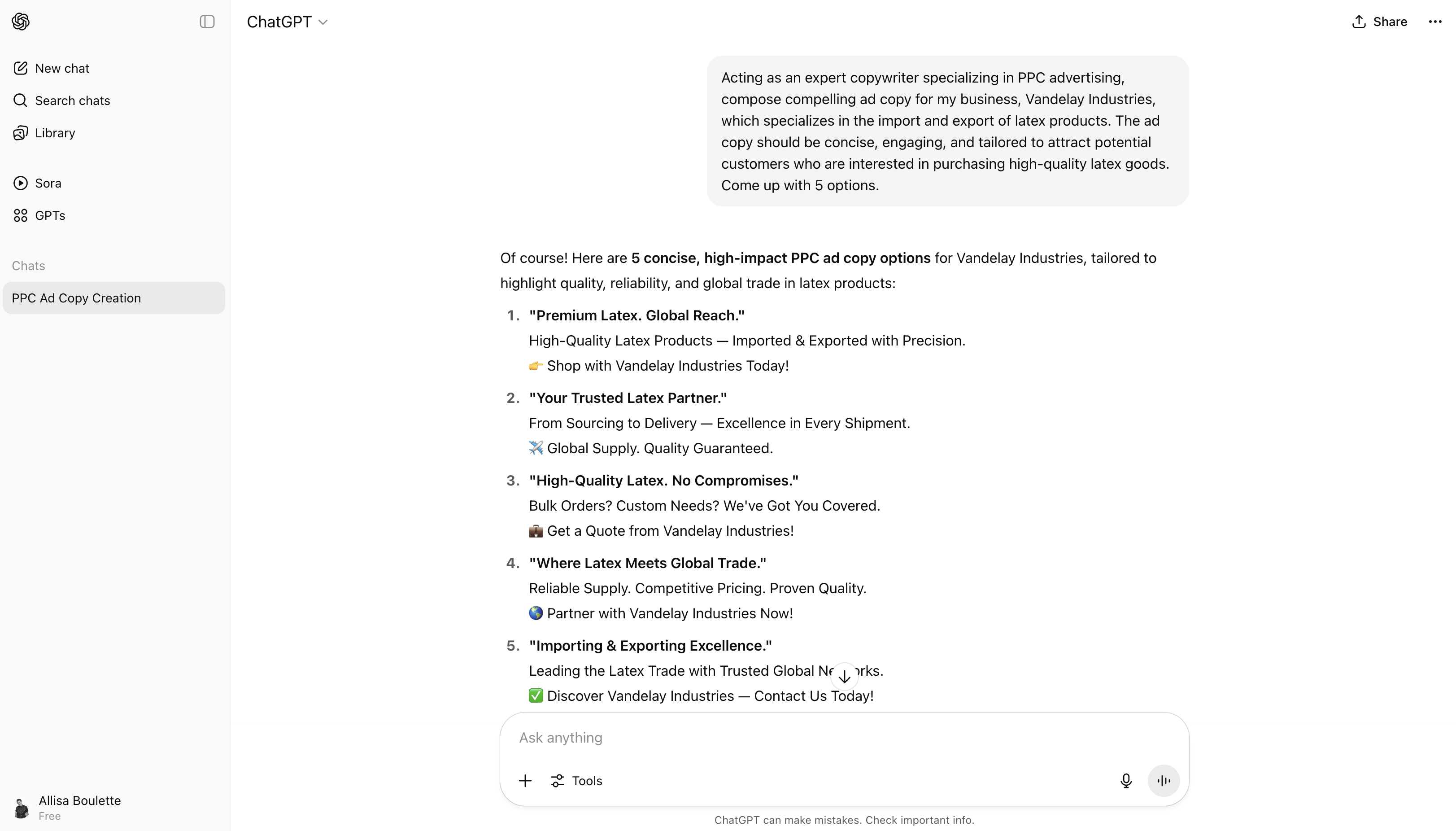 Screenshot of George Costanza's conversation in ChatGPT 4o asking for help generating PPC advertising copy.
