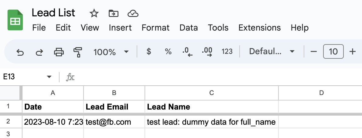 A screenshot of a spreadsheet after a successful action step test.