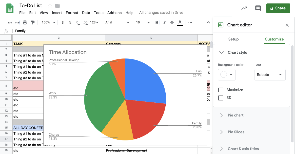 time allocation pie chart in Google Sheets
