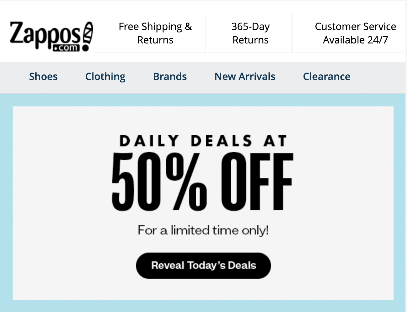 Screenshot of a Zappos email that says "Daily deals at 50% off for a limited time only" 