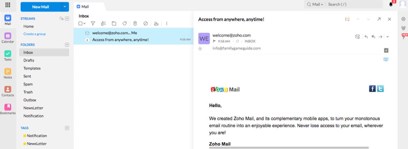 Zoho Mail, our pick for the best email hosting service for email and collaboration tools on a tight budget