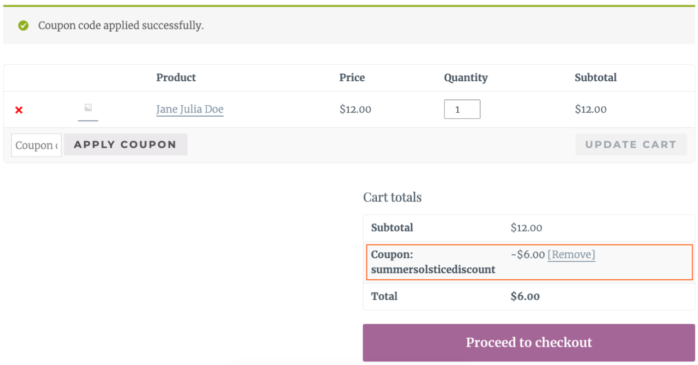 Screenshot of the WooCommerce dashboard once a coupon is applied