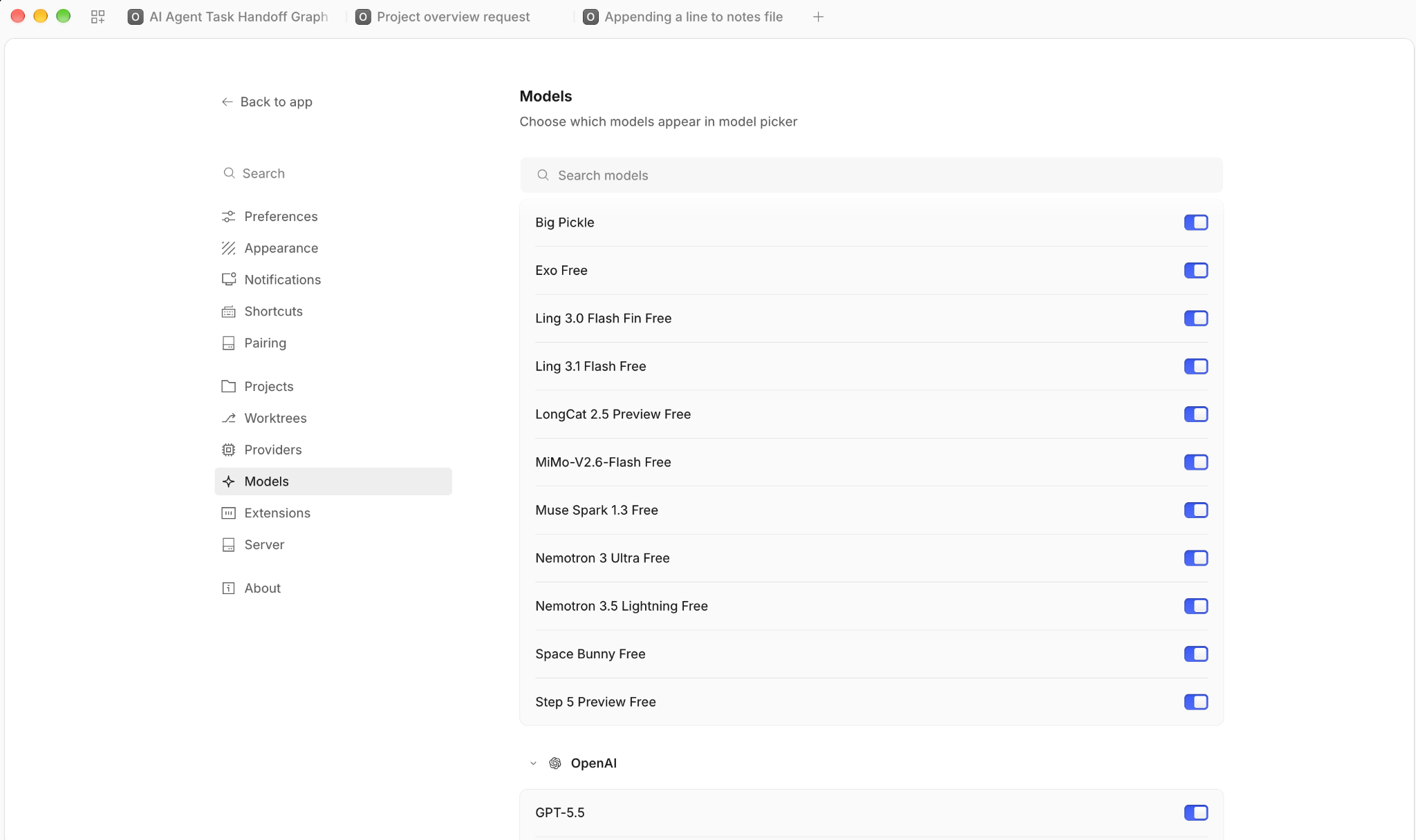 OpenCode desktop app Models settings page listing free models such as Exo Free and Space Bunny Free, each with an on toggle