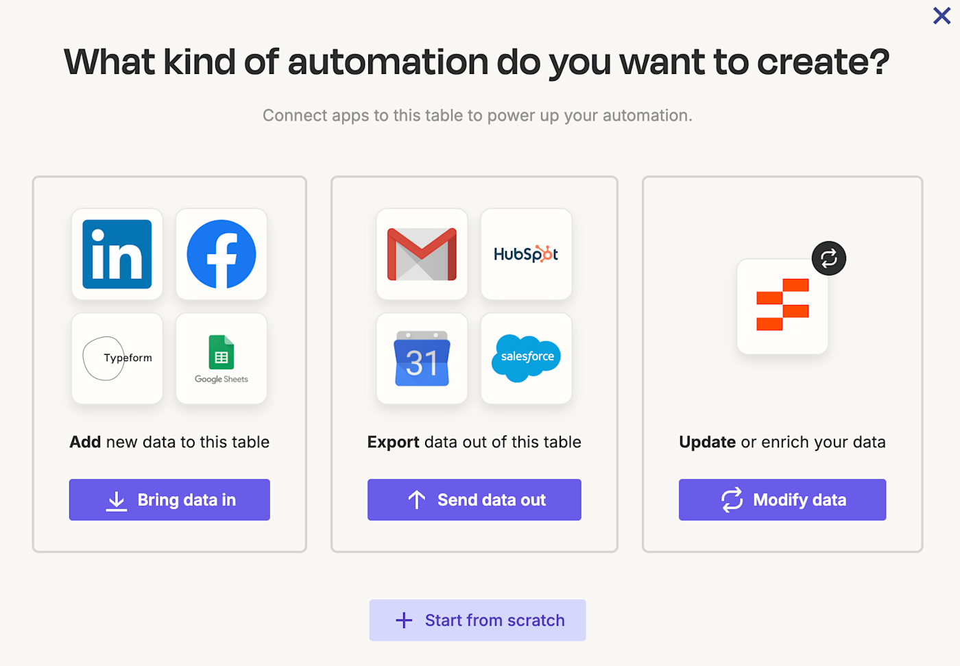 Screenshot of types of automations