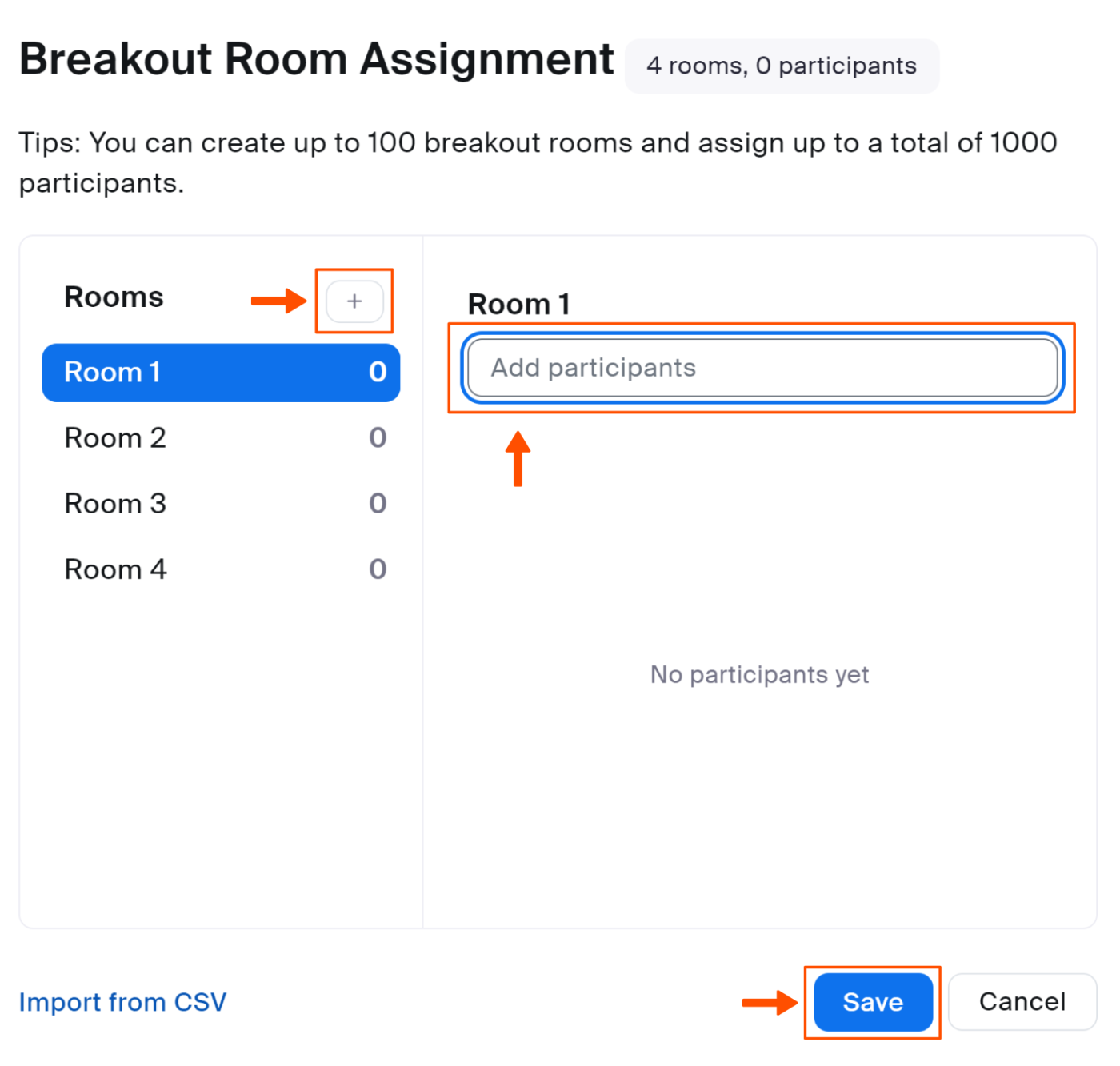 Screenshot of a window in Zoom where you can add or remove the number of breakout rooms and assign participants to them