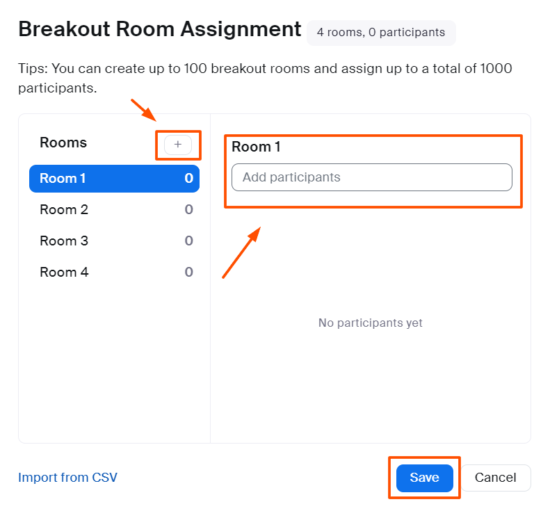 Screenshot of a window in Zoom where you can add or remove the number of breakout rooms and assign participants to them