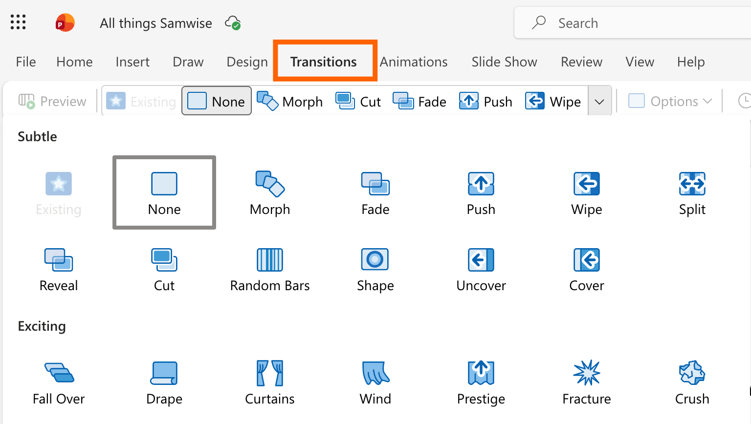 Expanded view of transition effects in PowerPoint. 