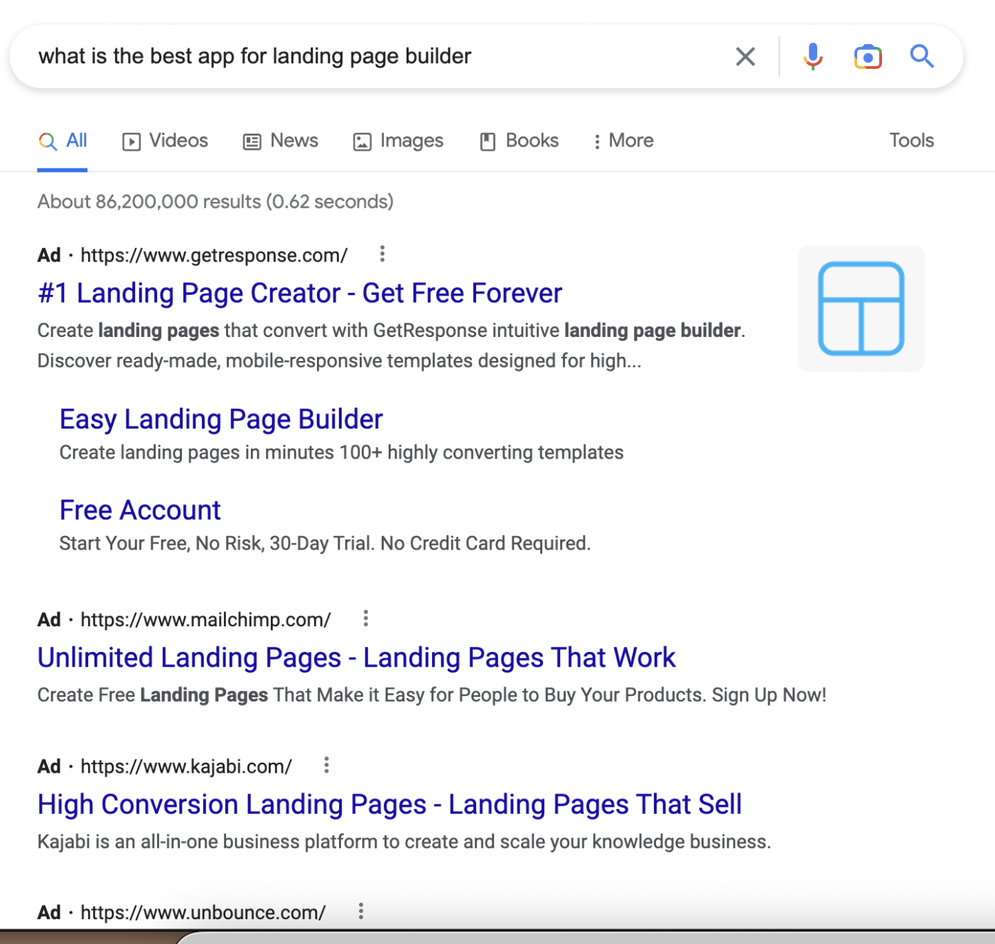 SERP for "what is the best app for landing page builder" (all ads)