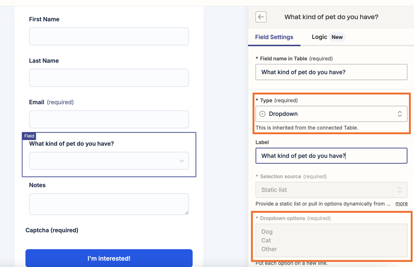 Screenshot of type of static dropdown list in Interfaces