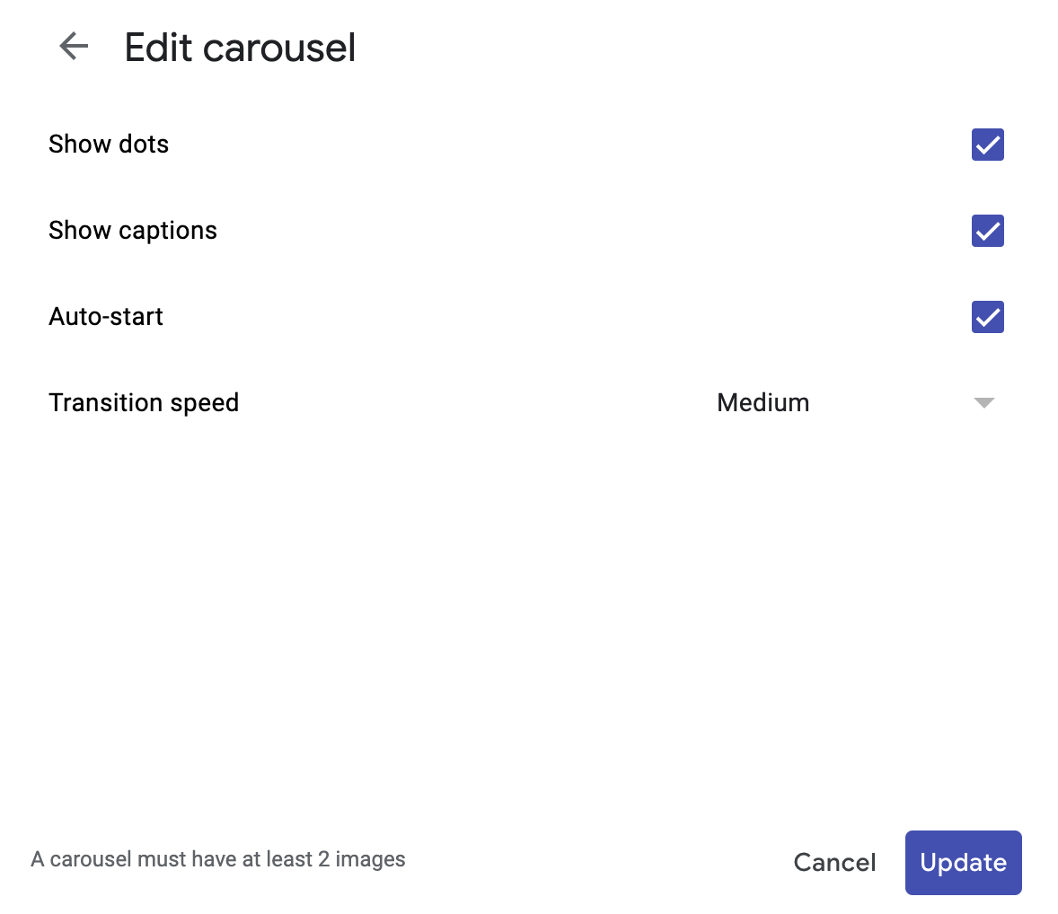 How to set an image carousel to automatically start and manage the transition speed in Google Sites.
