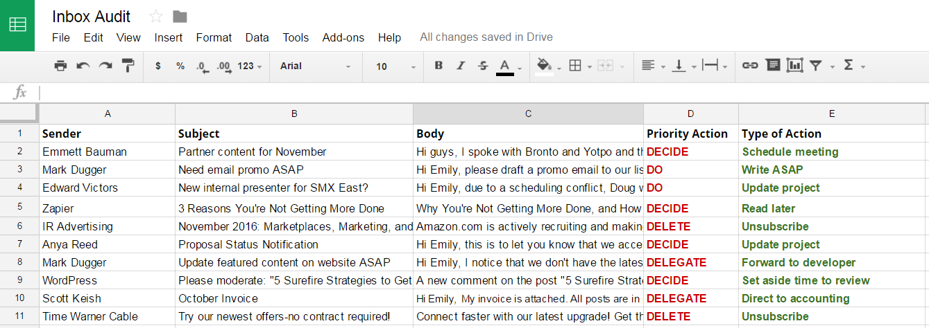 Priortized Inbox Spreadsheet