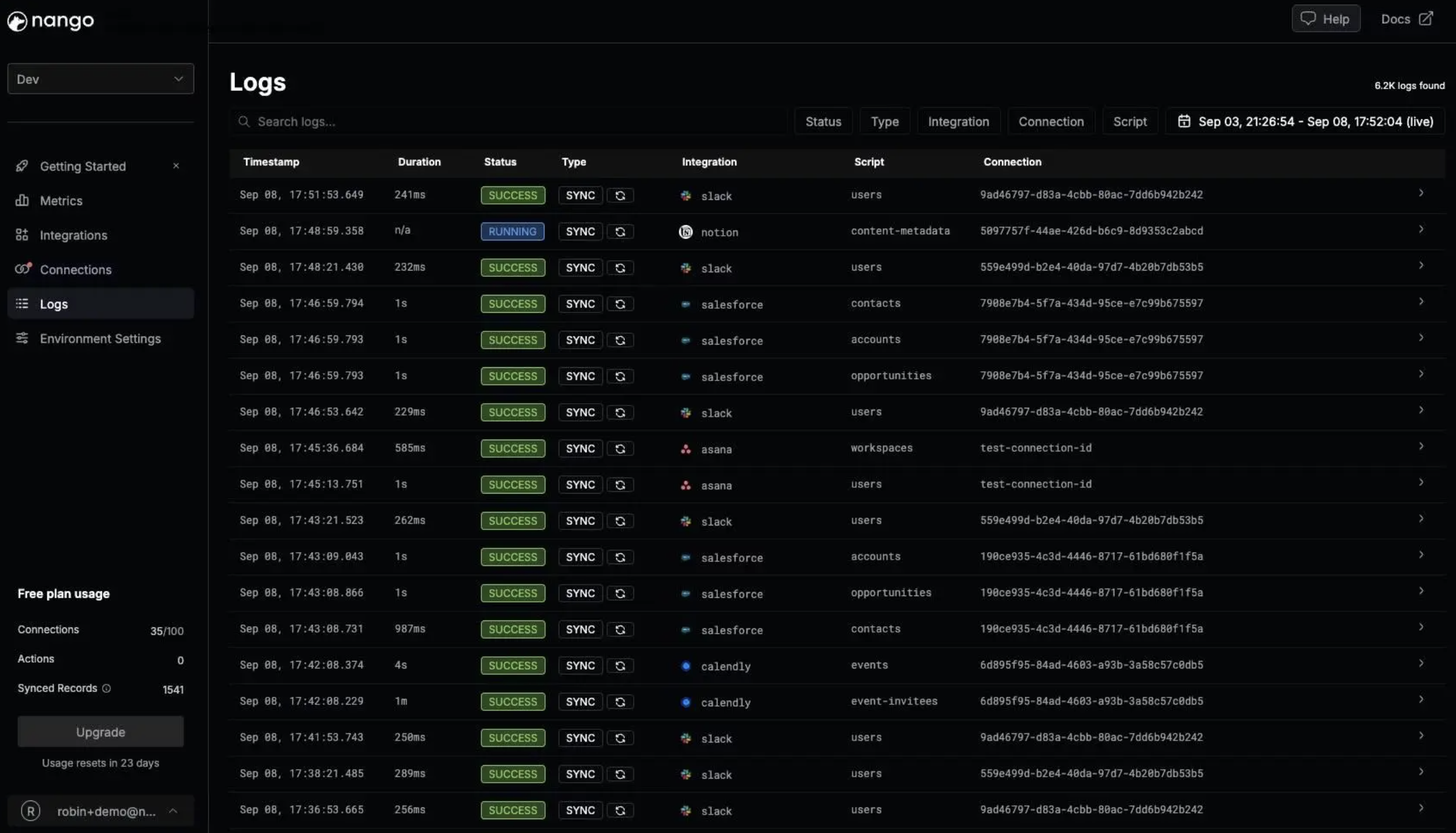 A screenshot of Nango, an API integration platform.